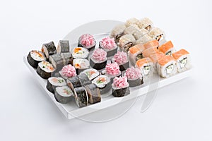 Japanese food restaurant, sushi maki gunkan roll plate or platter set. Sushi set and composition