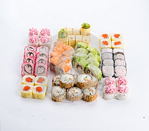 Japanese food restaurant, sushi maki gunkan roll plate or platter set. Sushi set and composition