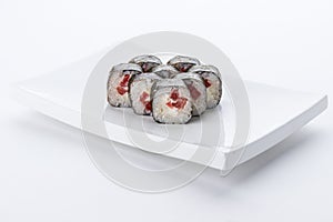 Japanese food restaurant, sushi maki gunkan roll plate or platter set. Sushi set and composition