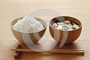 Japanese food, rice and miso soup