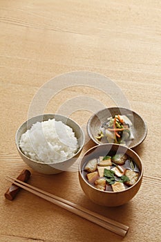 Japanese food, rice and miso soup and side dishes