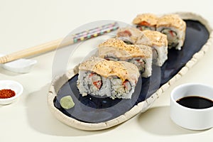 Japanese Food Salmon Mentai Sushi Roll with Crab Stick