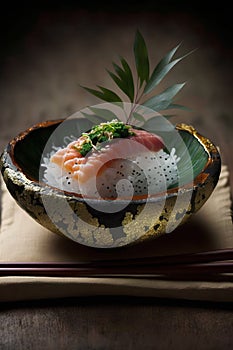 japanese food salmon sashimi on rice in a bowl