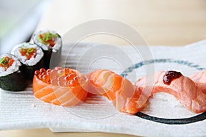 Japanese food salmon sushi set with salmon maki salmon sushi and caviar