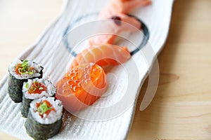 Japanese food salmon sushi set with salmon maki salmon sushi and caviar