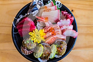 Japanese food ,Sashimi bowl set or raw salmon mixed sliced fish sashimi