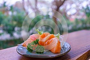 Japanese food sashimi salmon in black plate decoration with vegetable on wooden table.