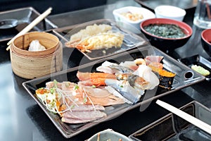 Japanese food sasimi, sushi and tempura