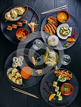 Japanese food served table large set