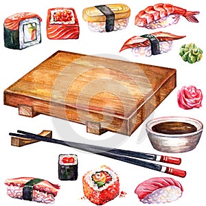 Japanese food set of rolls and sushi, board and chopsticks watercolor