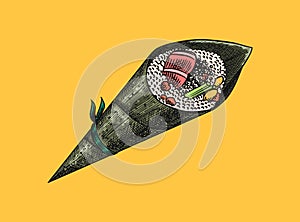 Japanese food. Sushi bar or temaki roll. Vector illustration for Asian restaurant. Hand Drawn engraved sketch for menu