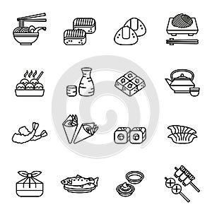 Japanese food Sushi icon set. Thin Line Style stock vector.