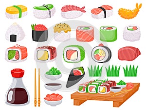 Japanese food sushi, onigiri, salmon sashimi and sauces. Cartoon shrimp tempura, asian chopsticks, soy sauce, wasabi and