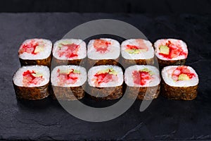 Japanese food, sushi restaurant. Delicious futomaki sushi rolls