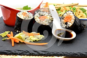 Japanese food sushi rice chicken fish soup vegetables soya sauce noodles