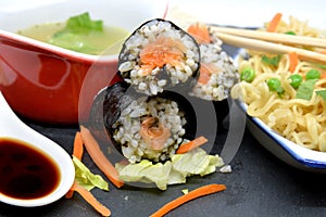 Japanese food sushi rice chicken fish soup vegetables soya sauce noodles