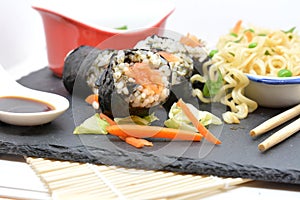 Japanese food sushi rice chicken fish soup vegetables soya sauce noodles