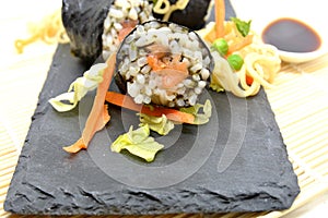 Japanese food sushi rice chicken fish soup vegetables soya sauce noodles