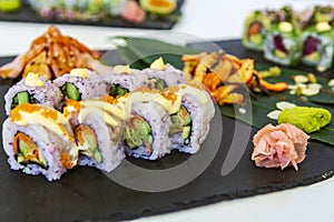Japanese food. sushi. seafood fabrics. Japanese culture. White background.