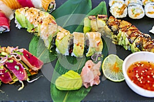 Japanese food. sushi. seafood fabrics. Japanese culture. White background.