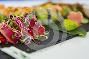 Japanese food. sushi. seafood fabrics. Japanese culture. White background.