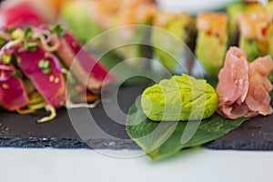 Japanese food. sushi. seafood fabrics. Japanese culture. White background.