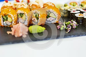 Japanese food. sushi. seafood fabrics. Japanese culture. White background.