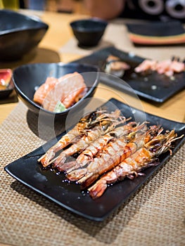 Japanese food sweet shrimp grilled with fresh salmon