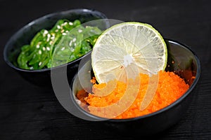 Japanese food topping  alga and spawn on white background