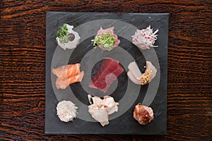 Japanese food variety set on wooden table