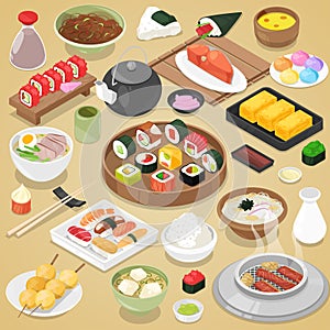 Japanese food vector eat sushi sashimi roll or nigiri and seafood with rice in Japan restaurant illustration