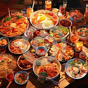 Japanese food on wooden table. Noodle, kimchi, egg, noodles, vegetables, meat, mushrooms, fish, vegetables
