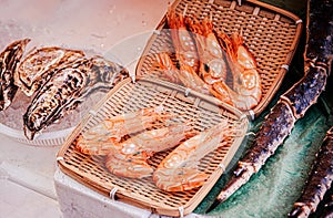 Japanese fresh shrimp, oysters and King crab legs at Hakodate Asaichi fish market