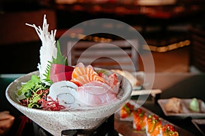 Japanese fresh Sushi Sashimi set with various fish and seafood