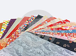 Japanese furoshiki fabrics featuring traditional pattern designs on a white background.