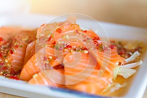 Japanese fusion food. japan fresh salmon fish seafood sashimi mix