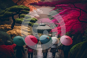 Japanese garden in autumn season. People walking under the umbrellas.