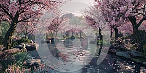 Japanese garden, blooming cherry blossoms, very beautiful