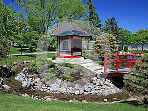 Japanese garden in Bloomington with bridge photo