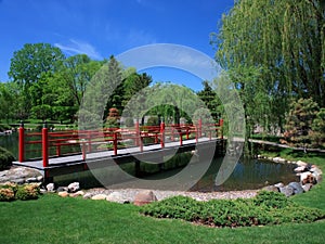 Japanese garden in Bloomington with red bridge photo
