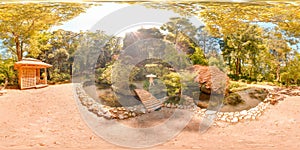 Japanese garden Botanical garden Georgia Batumi blue sky trees spring with 3D spherical panorama with 360 degree viewing angle