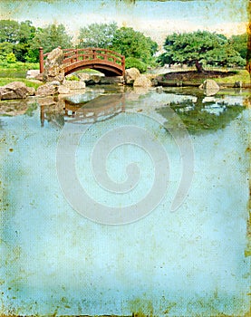 Japanese Garden Bridge on a Grunge Background