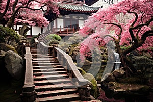 Japanese garden, graced by the delicate beauty of blossomed cherry trees in full bloom, creating a serene and picturesque scene.