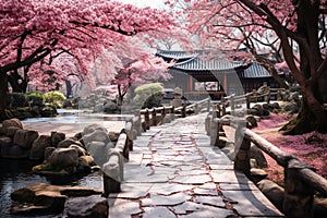 Japanese garden, graced by the delicate beauty of blossomed cherry trees in full bloom, creating a serene and picturesque scene.