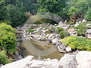 Japanese garden Mu-Shin with stream and bridge at ZOO Lesna, Zlin, Czech Republic