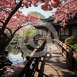 Japanese garden during the peak of cherry blossom season, with a traditional Japanese bridge arching gracefully over the water