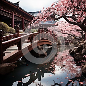 Japanese garden during the peak of cherry blossom season, with a traditional Japanese bridge arching gracefully over the water