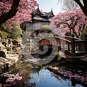 Japanese garden during the peak of cherry blossom season, with a traditional Japanese bridge arching gracefully over the water