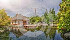 Japanese Garden in Planten un Blomen park with Heinrich-Hertz-Turm in Hamburg, Germany