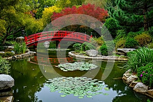 Japanese garden with a pond and a red bridge in the background